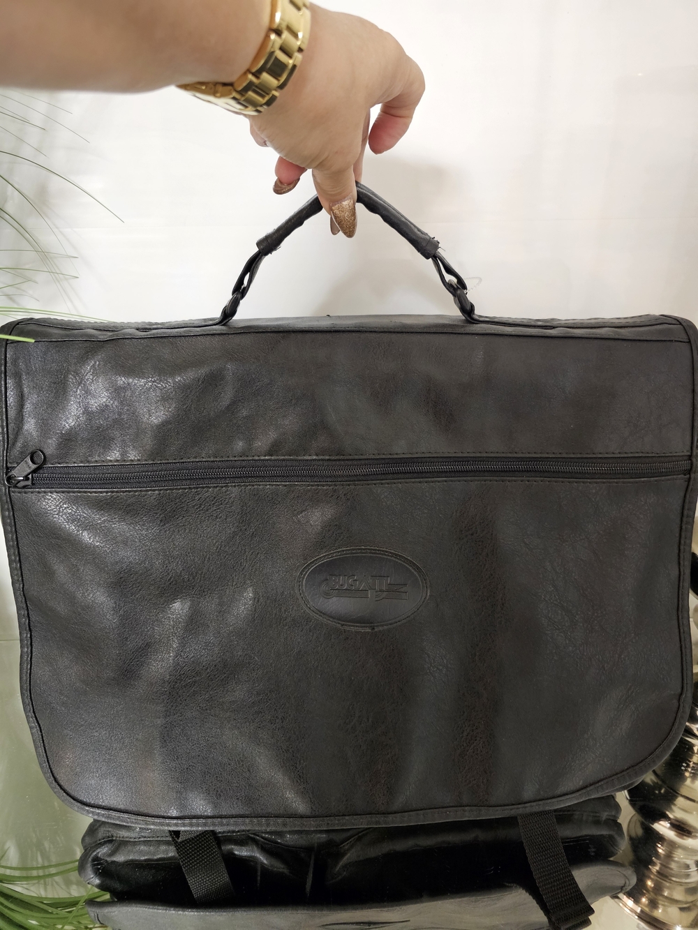 Bugatti Black Leather Briefcase with Top Handle